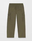 Olive green Volcom cargo pants on a light gray background