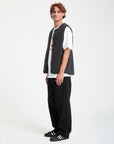 Person wearing a gray vest over a white shirt with a graphic design, black pants, and black shoes on a white background