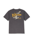Gray t-shirt with Volcom logo and mountain design on a white background