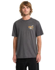 Man wearing a gray t-shirt with a logo on a white background