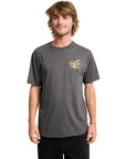 Man wearing a gray t-shirt with a logo on a white background
