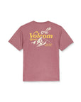 Maroon t-shirt with Volcom logo and mountain design on a white background