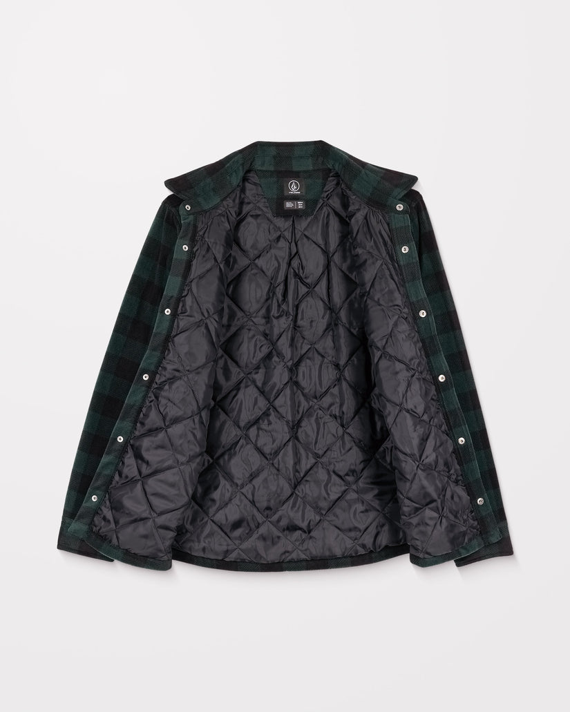 Green and black checkered jacket with quilted lining on a white background