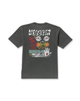 Gray t-shirt with colorful graphic design on the back on a white background