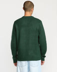 Person wearing a green sweater on a light gray background