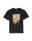 Black t-shirt with colorful graphic design on a white background