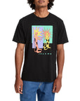 Person wearing a black t-shirt with colorful graphic design on a white background
