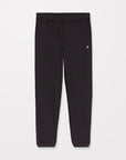 Black jogger pants with a small logo on a white background
