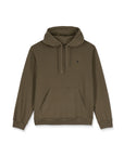 Green hoodie with a small black logo on a white background