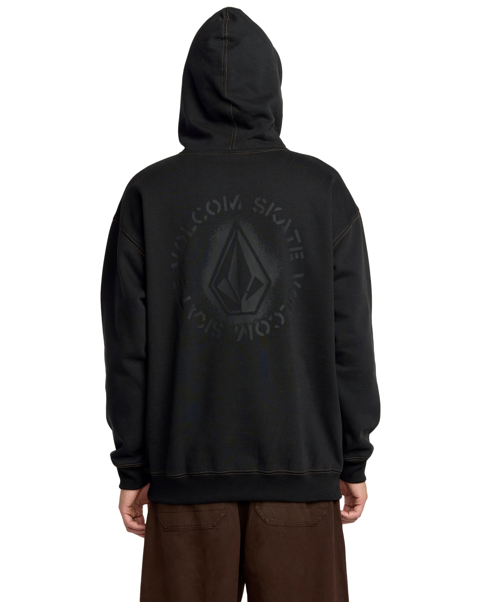 Black hoodie with a logo on the back worn by a person, on a white background