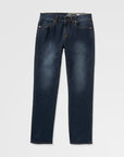 Pair of dark blue jeans on a light gray background