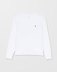 White long-sleeve shirt with a small black logo on a light gray background