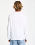 Person wearing a plain white long-sleeve shirt on a light gray background