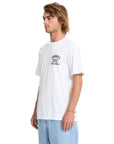 Man wearing a white t-shirt with a logo on a white background