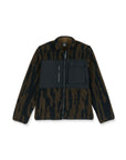 Camouflage-patterned jacket with black accents on a white background