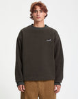 Person wearing a dark gray sweatshirt with a logo on a light gray background