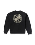 Black sweatshirt with a white graphic design on the back against a white background