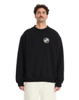 Man wearing a black sweatshirt with a logo on a white background