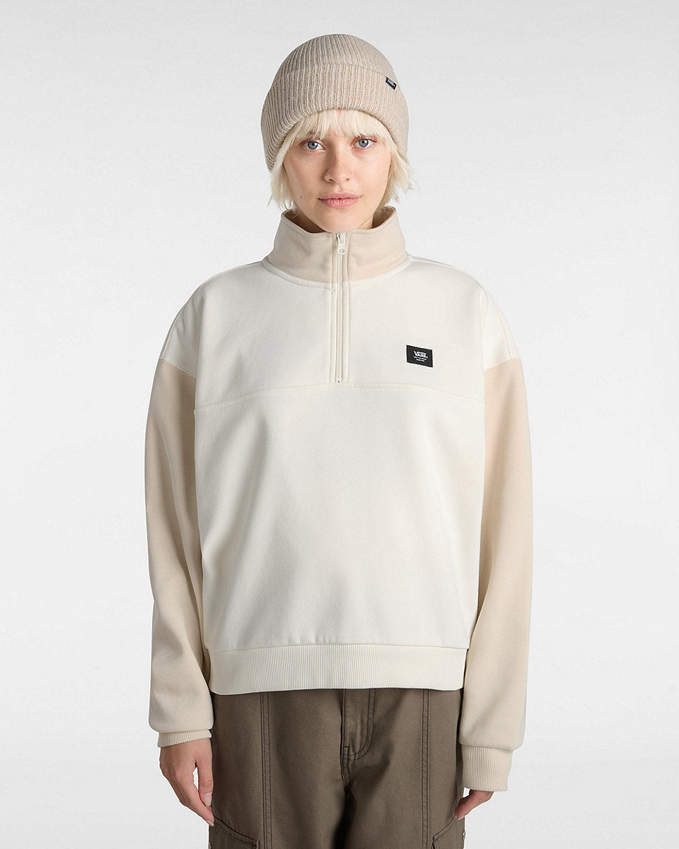 Vans Womens Colorblock Half Zip Mock Neck Sweatshirt - Marshmallow/Oatmeal - ManGo Surfing