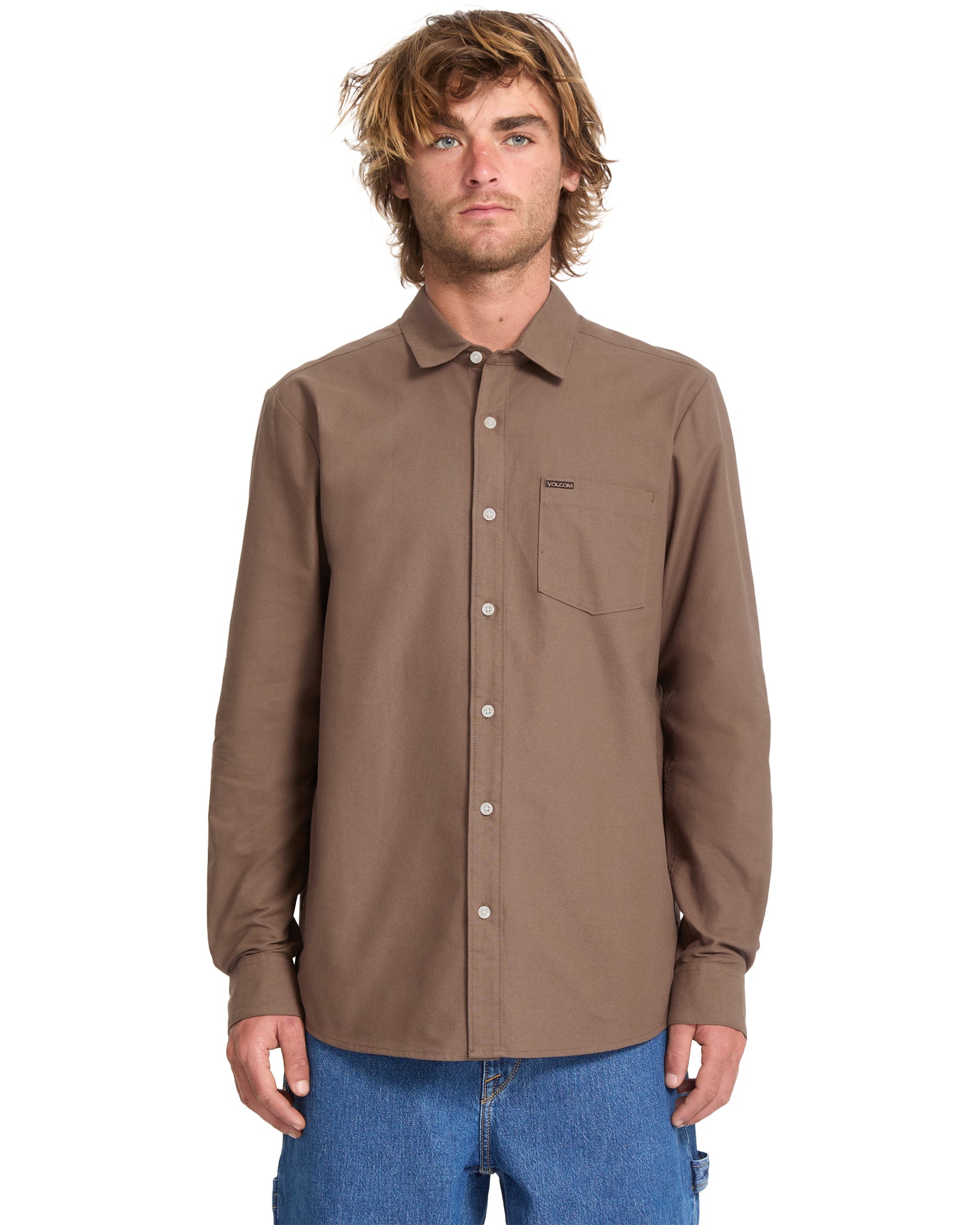 Volcom Mens Veeco Oxford Long Sleeve Shirt - Brown Stone