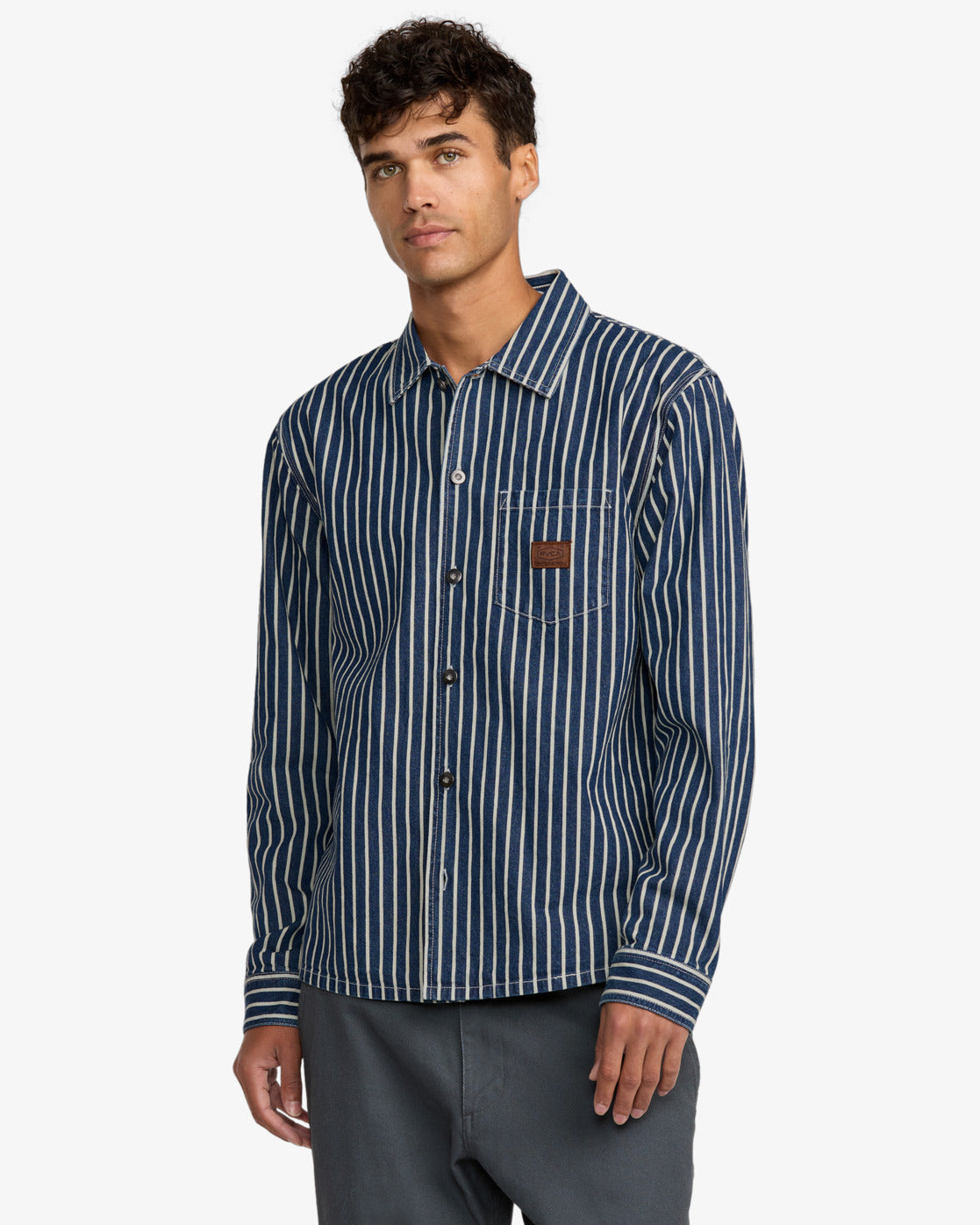 RVCA Mens Dayshift Hickory Long Sleeve Overshirt - Dark Denim