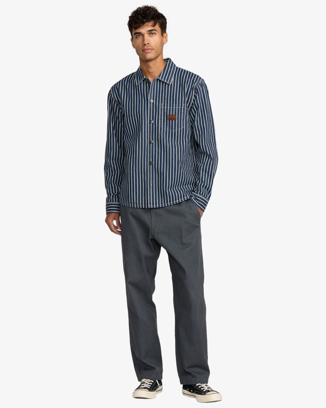RVCA Mens Dayshift Hickory Long Sleeve Overshirt - Dark Denim