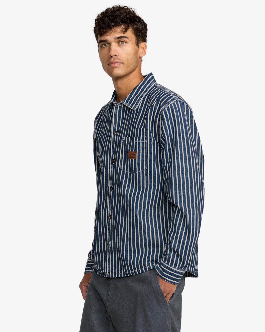 RVCA Mens Dayshift Hickory Long Sleeve Overshirt - Dark Denim