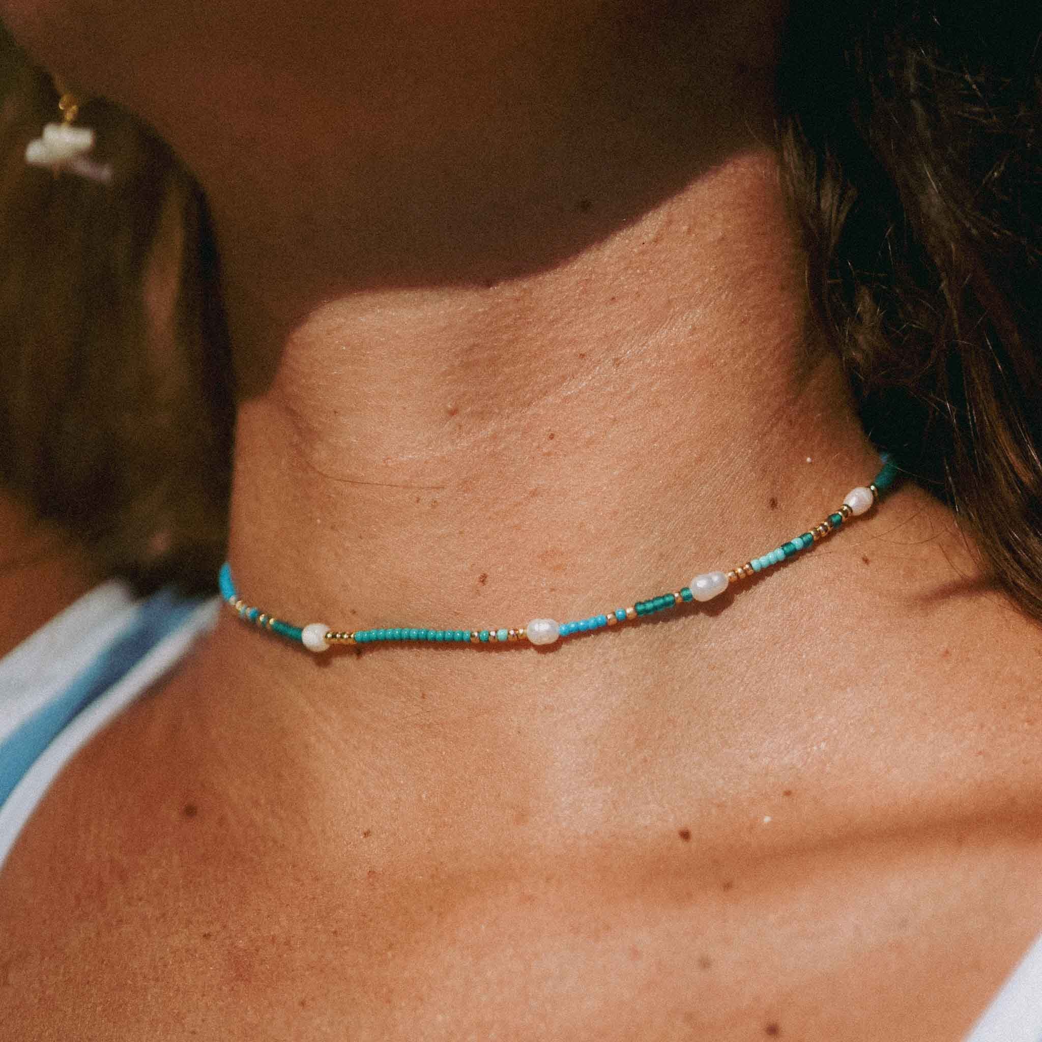 Pineapple Island Giada Cinta Pearl Beaded Surf Necklace - Blue/Green/Gold