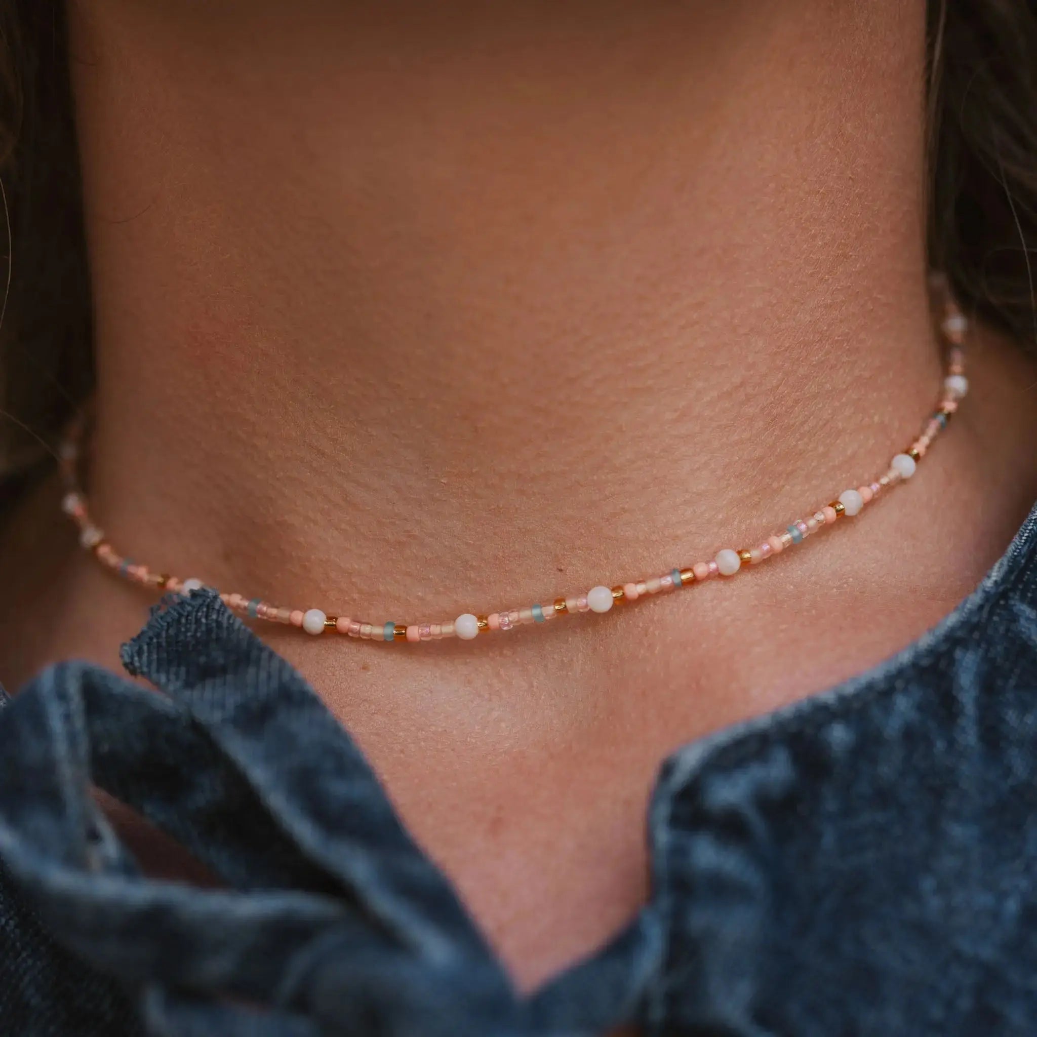 Pineapple Island Surya Golden Hour Beaded Necklace - Pink/White/Gold