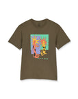 Brown t-shirt with colorful graphic design on a white background