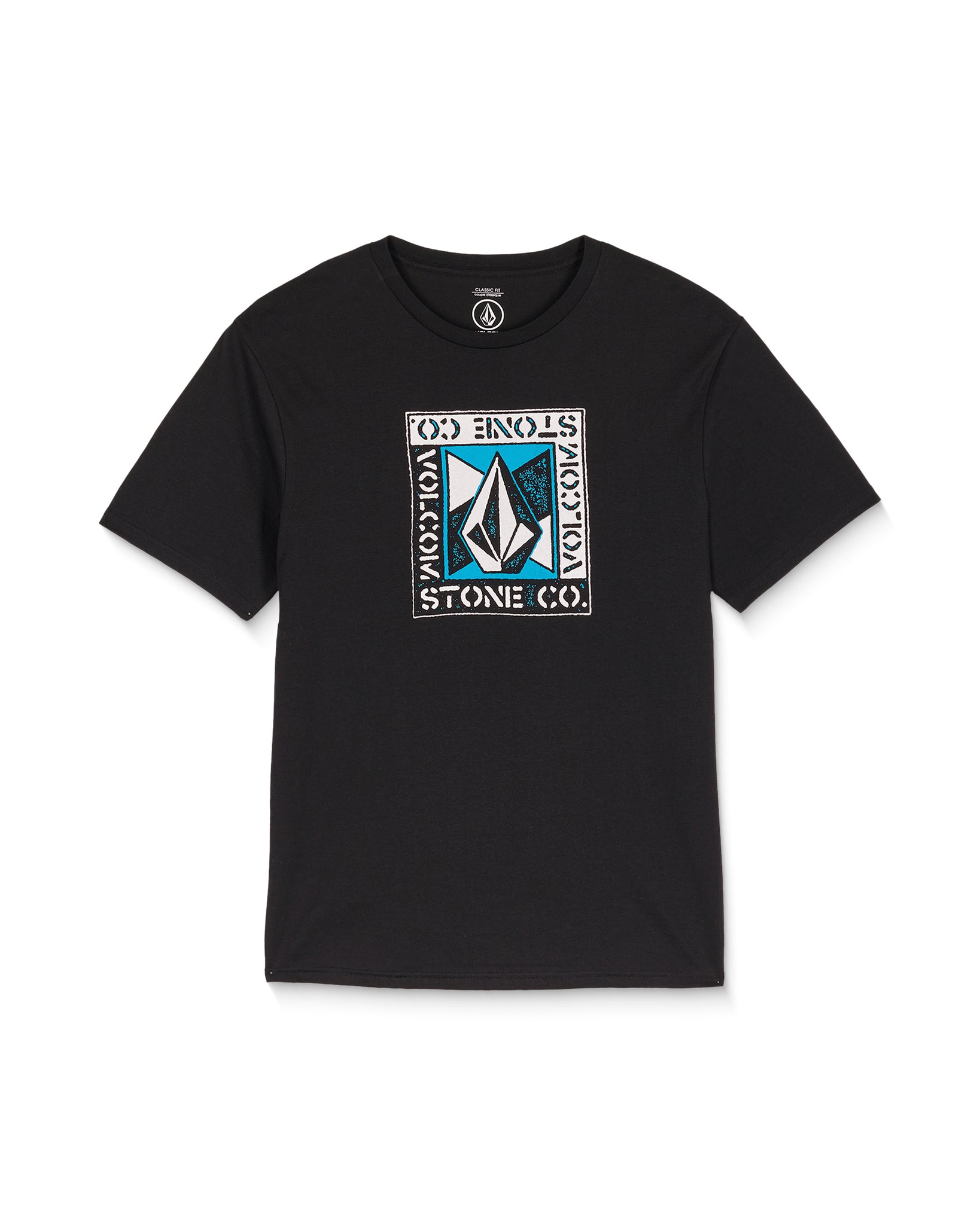 Black Volcom t-shirt with a logo on a white background