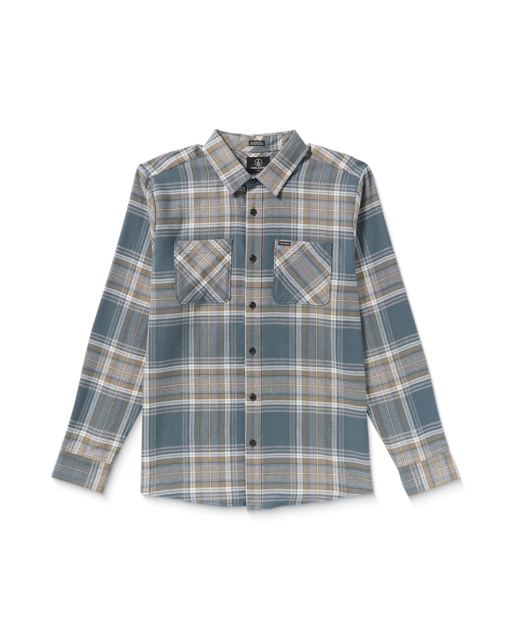 Volcom Plaid shirt with two front pockets on a white background bought at Mango Surfing