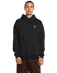 Man wearing a black hoodie with a logo on a white background