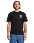 Man wearing a black t-shirt with a logo on a white background
