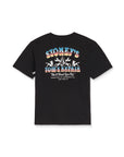 Black t-shirt with colorful graphic design on a white background