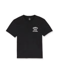 Black t-shirt with a logo on the chest against a white background