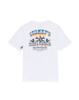 White t-shirt with colorful graphic design on a white background