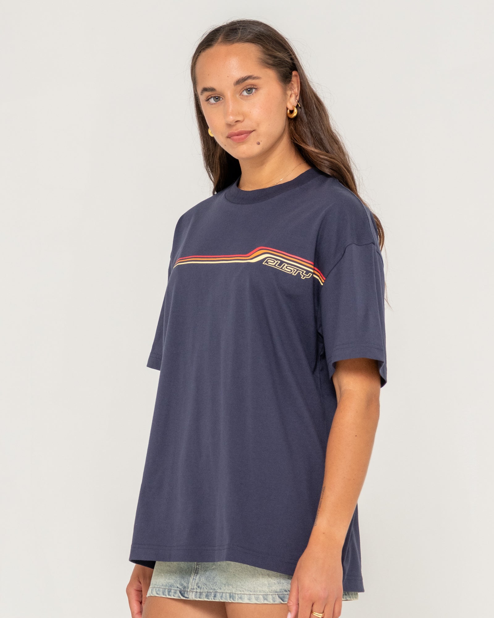 Rusty Womens Wave Rider 2.0 Oversize T-Shirt - Navy Blue