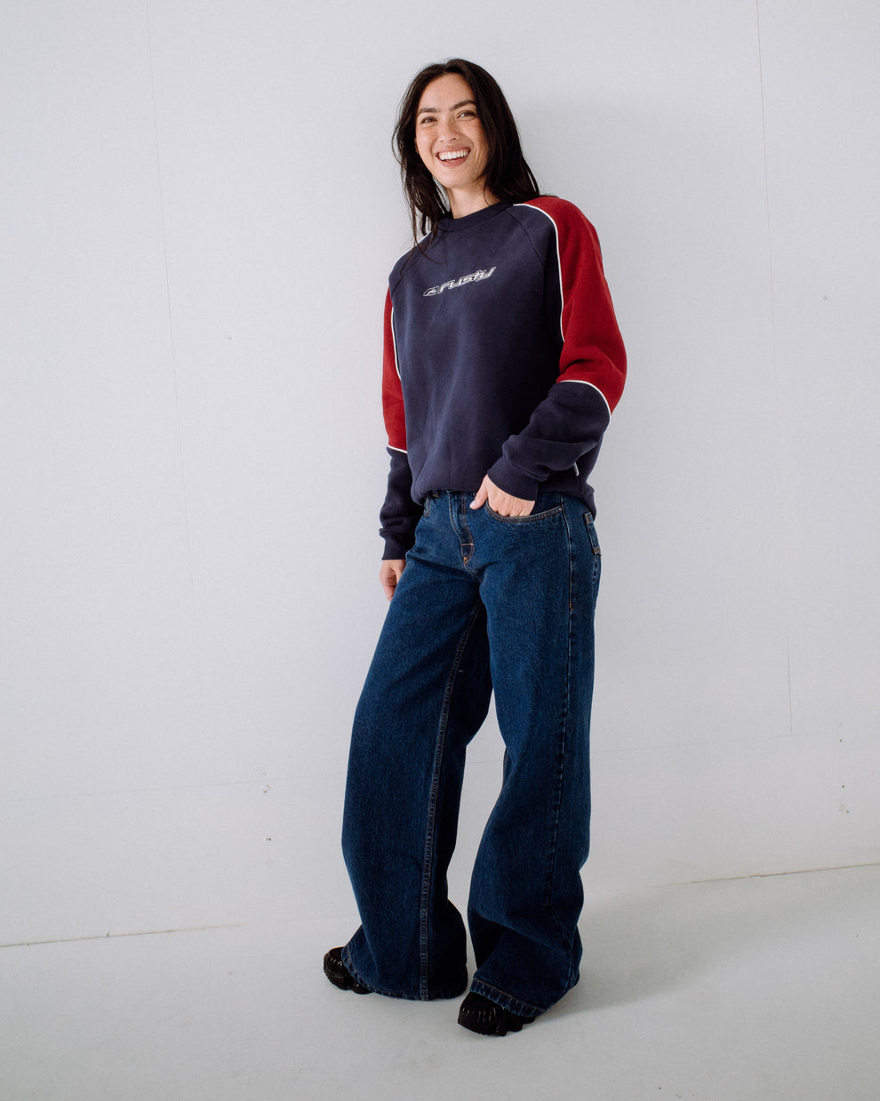Rusty Womens South Of The River Oversized Crewneck Sweatshirt - Navy/Red