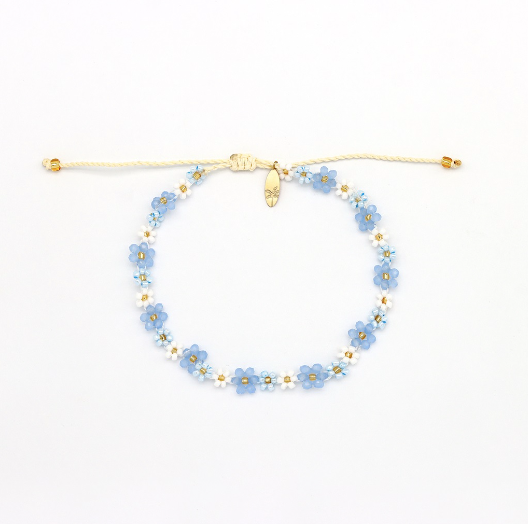 Pineapple Island Mohala Flower Beaded Anklet - Blue/White