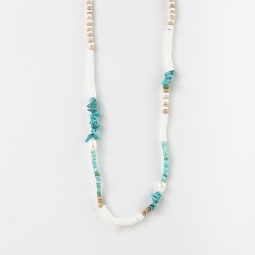 Pineapple Island Love is Here Natural Stone, Pearl and Shell Necklace - Turquoise/White