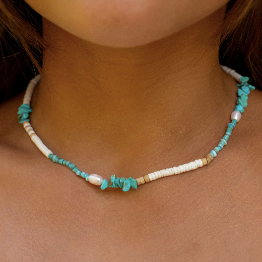 Pineapple Island Love is Here Natural Stone, Pearl and Shell Necklace - Turquoise/White