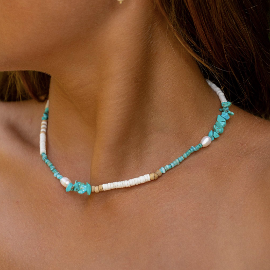 Pineapple Island Love is Here Natural Stone, Pearl and Shell Necklace - Turquoise/White