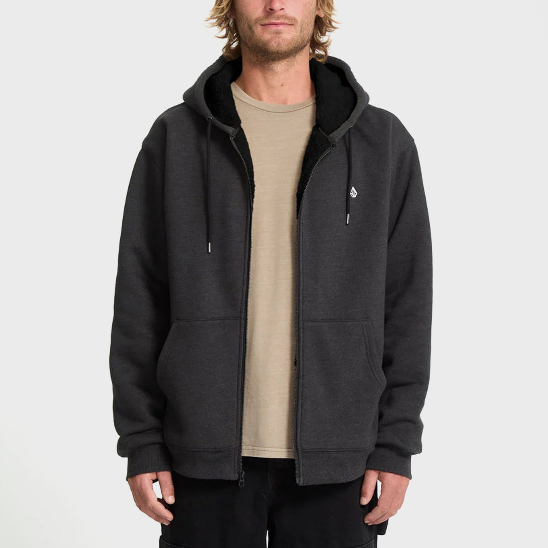 Volcom Mens Single Stone Lined Zip Hoodie - Heather Black - ManGo Surfing
