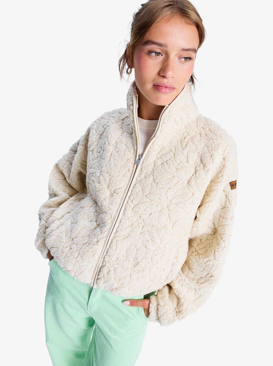 Roxy Womens Blurry Cloud Full Zip Relaxed Fleece - Parchment