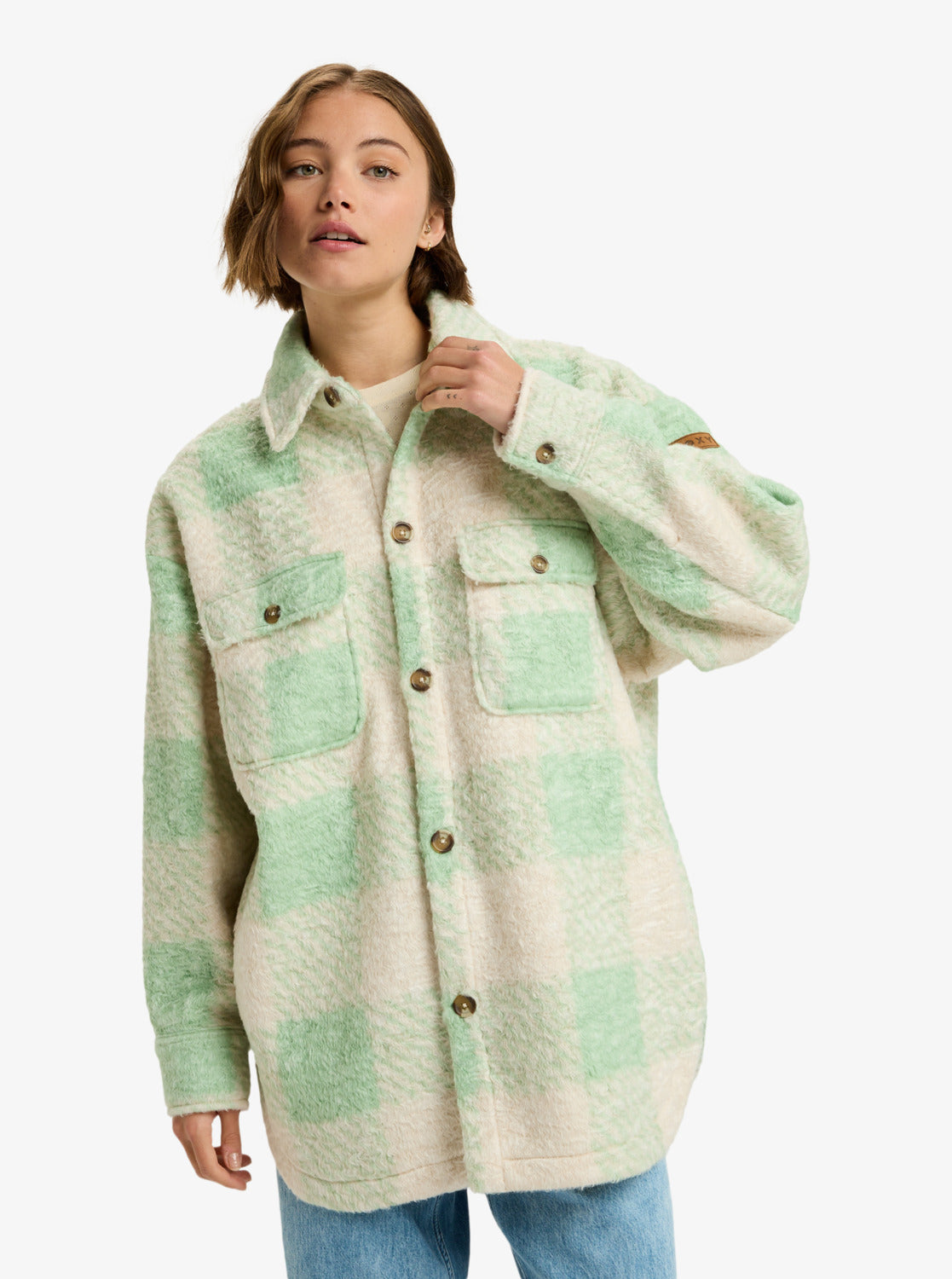Roxy Womens Over And Above Plaid Polar Fleece Jacket - Pistachio - ManGo Surfing
