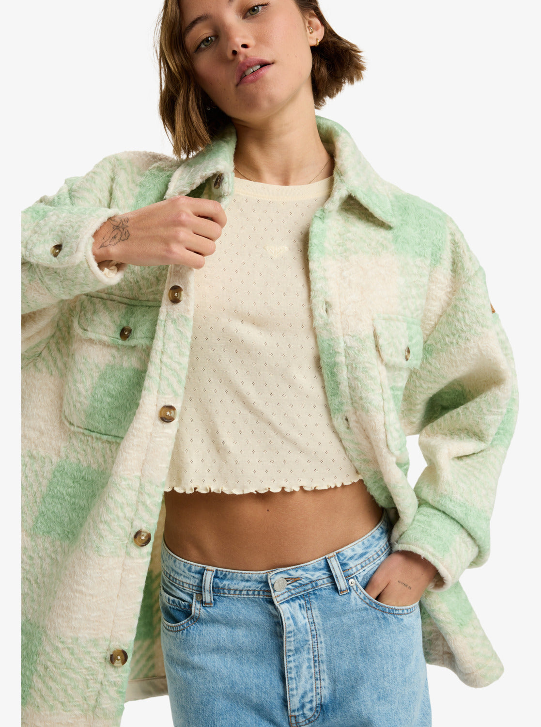 Roxy Womens Over And Above Plaid Polar Fleece Jacket - Pistachio
