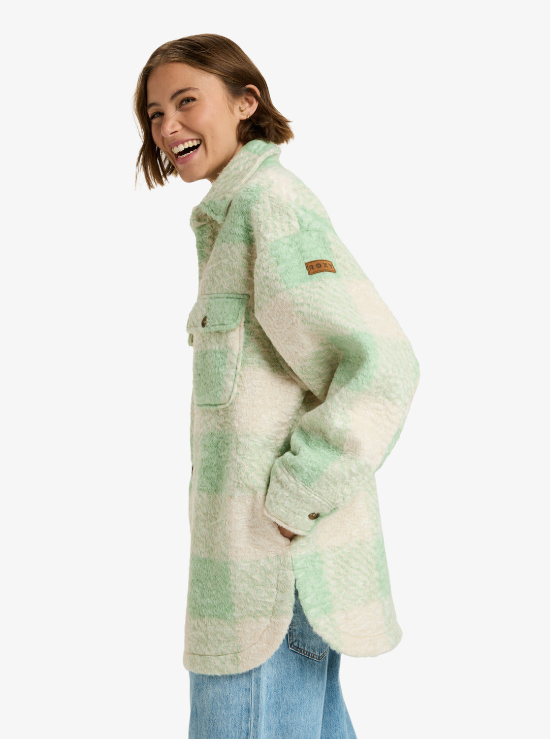 Roxy Womens Over And Above Plaid Polar Fleece Jacket - Pistachio