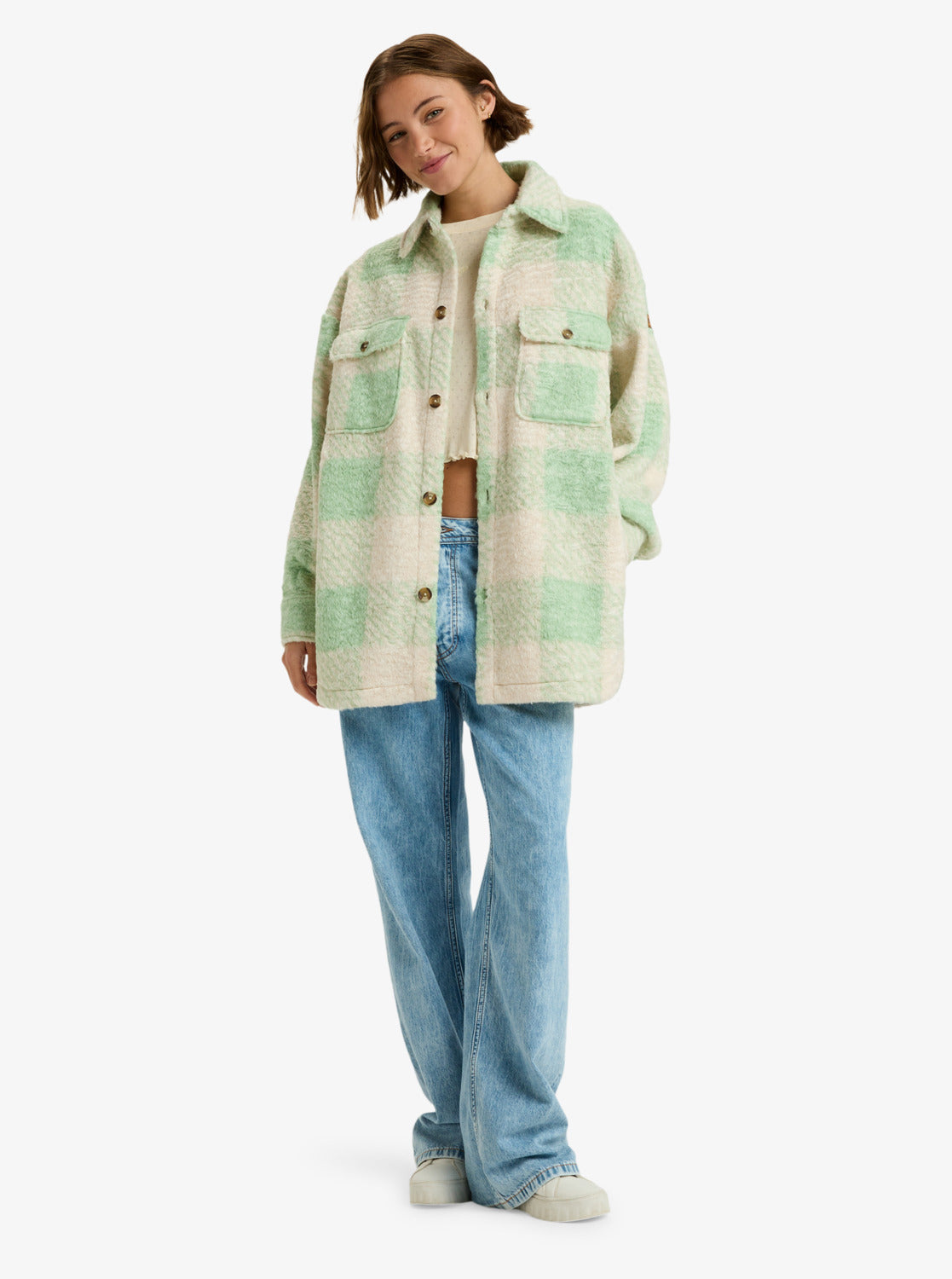 Roxy Womens Over And Above Plaid Polar Fleece Jacket - Pistachio