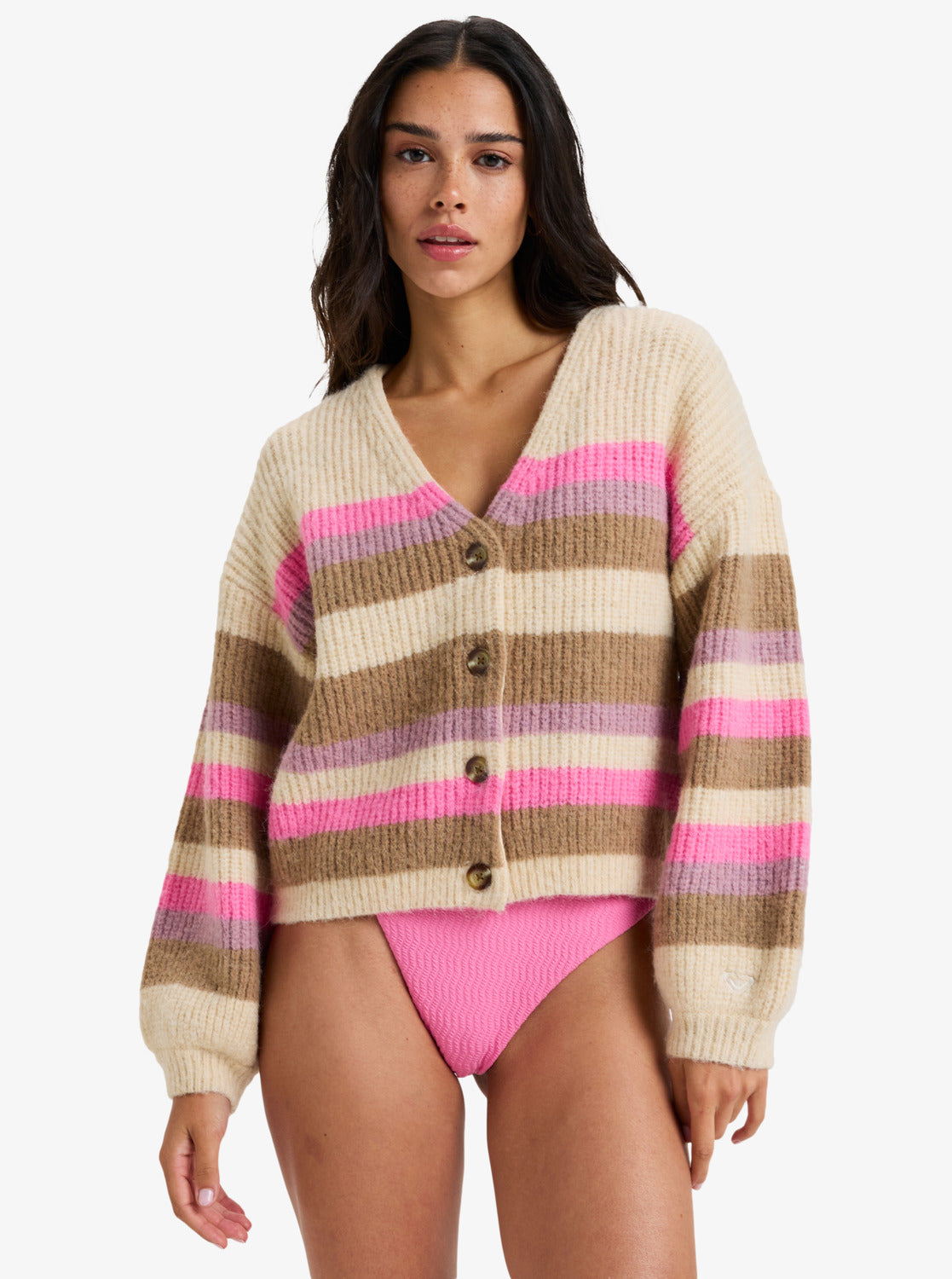 Roxy Womens Marble Tiles Stripe Slouchy Cardigan - Parchment - ManGo Surfing